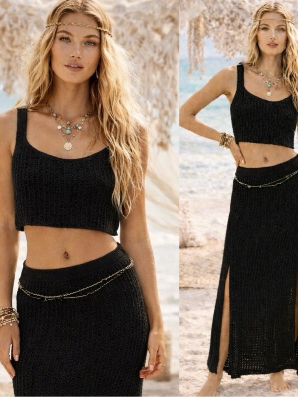 992. FREE PEOPLE Havana crochet skirt set in Black Sz S NWOT
